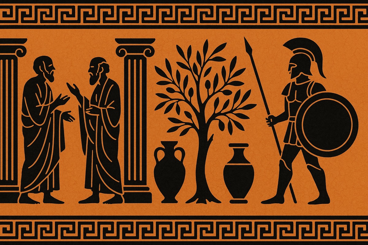 Black-figure pottery style illustration of two robed philosophers conversing beside columns, an olive tree, amphorae and a hoplite warrior on terracotta with Greek key borders