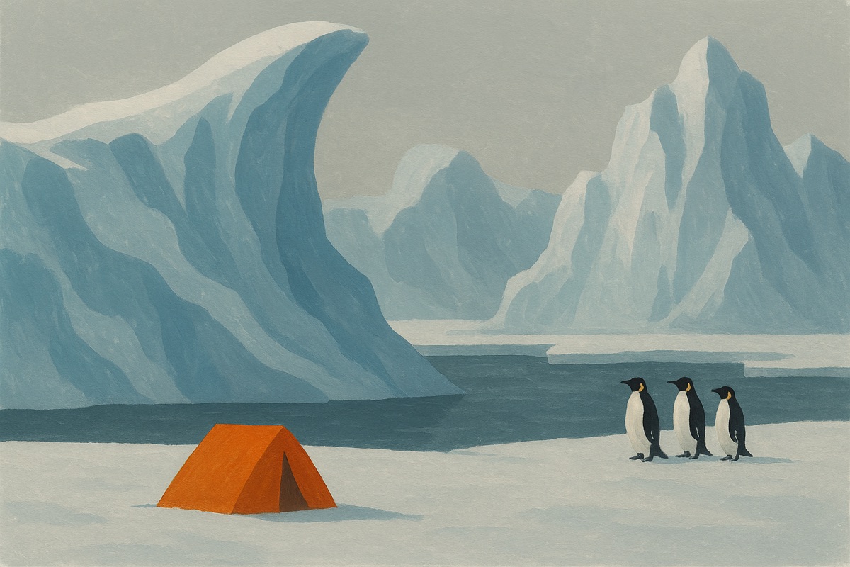 Painted polar scene of penguins, icebergs and an orange tent