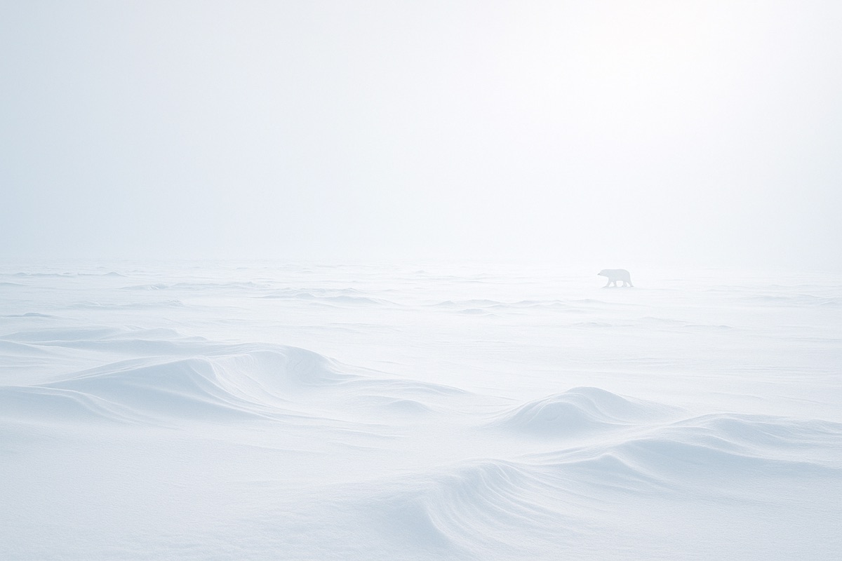 Lone polar bear crossing pale wind-sculpted snow in a white-on-white Arctic landscape with soft blue mist