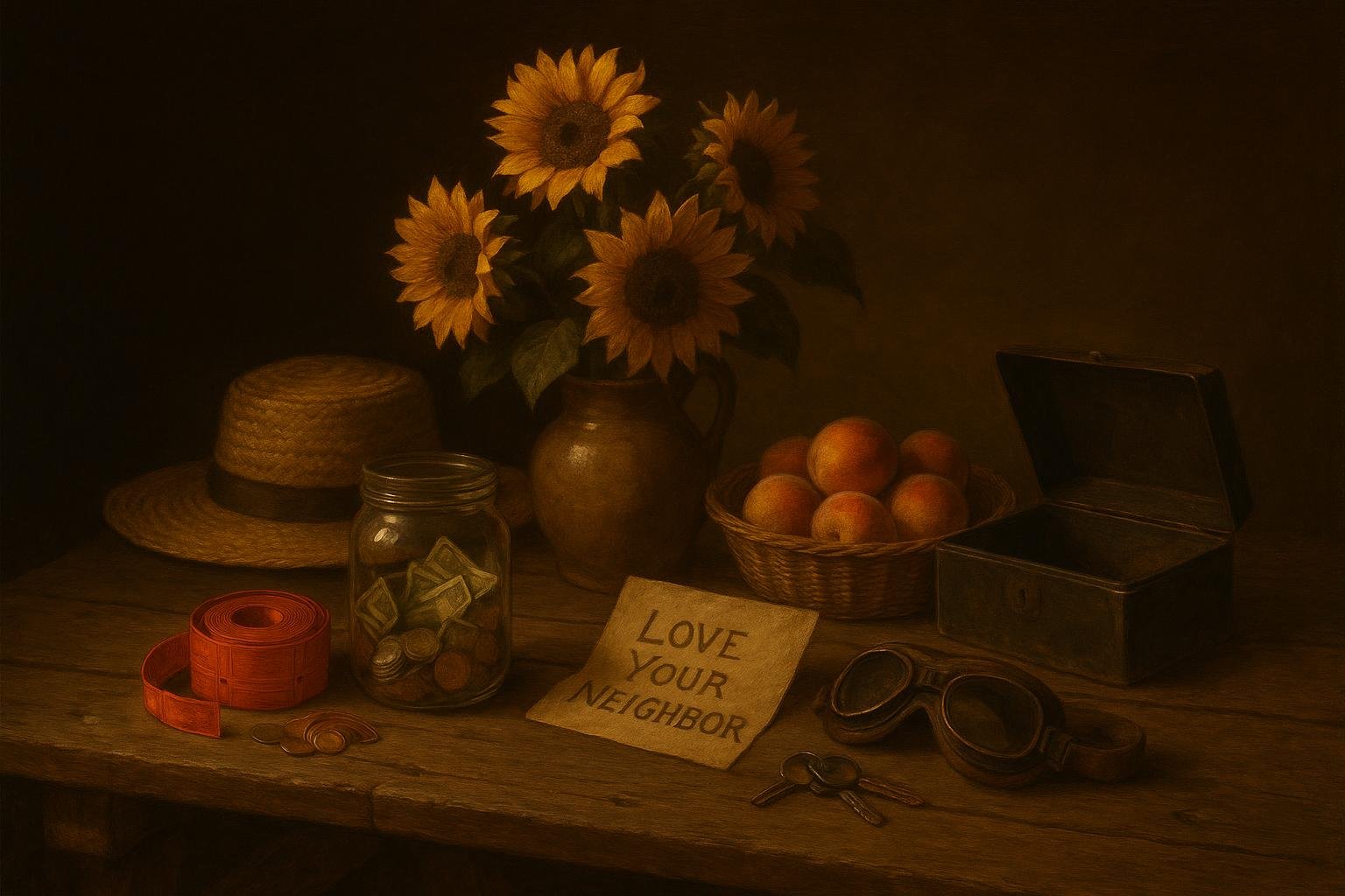 Still-life of a donation jar, raffle tickets, car keys and sunflowers on a park table beside a hand-lettered sign