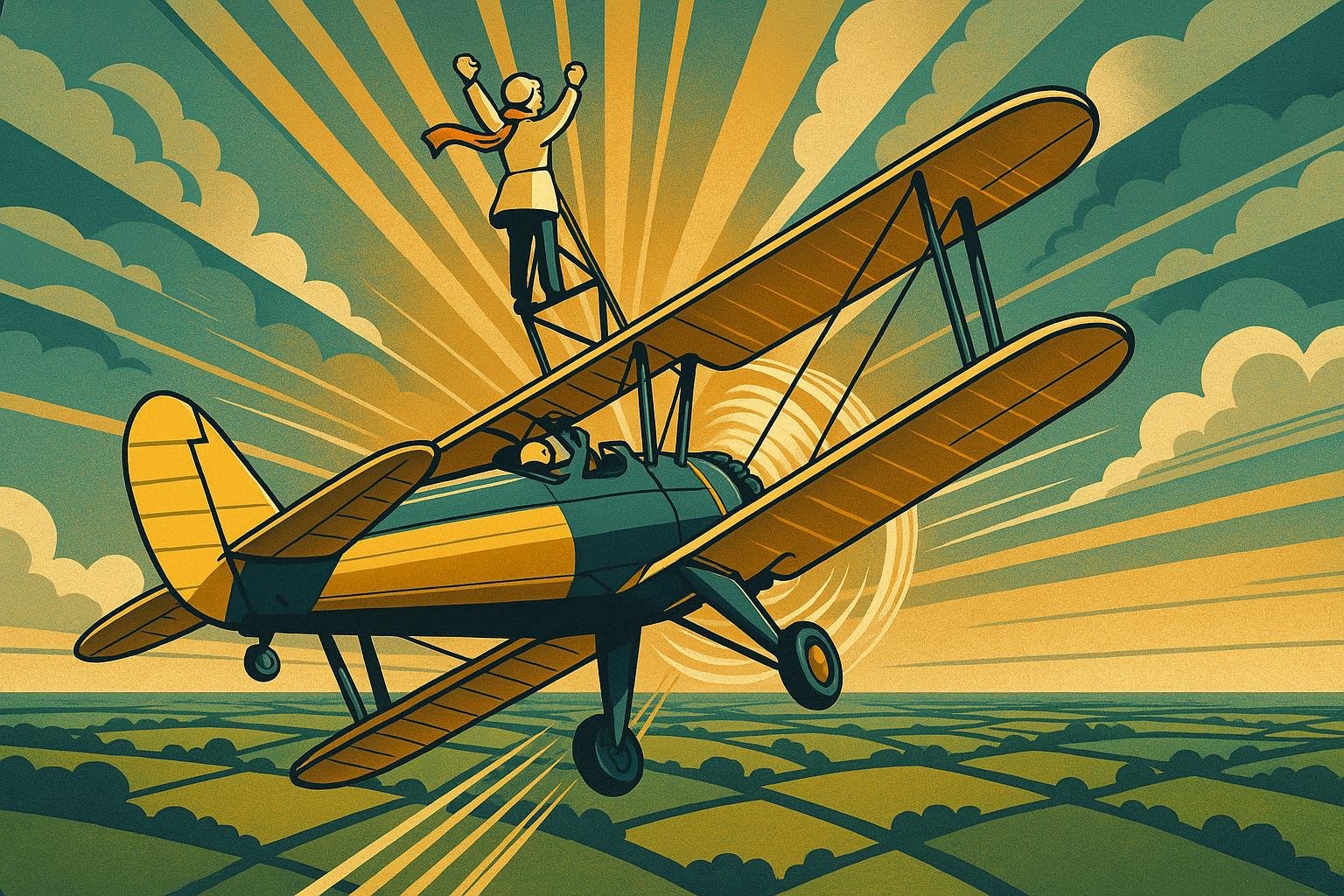 Art Deco poster of an elderly woman strapped upright to the top wing of a biplane climbing over green English farmland