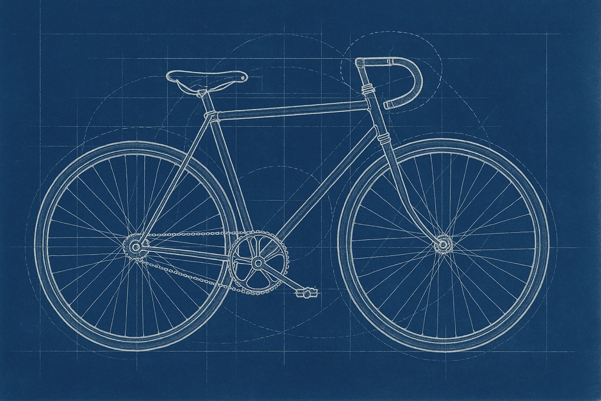 White blueprint-style line drawing of a classic bicycle with construction circles and arcs on a deep blue background