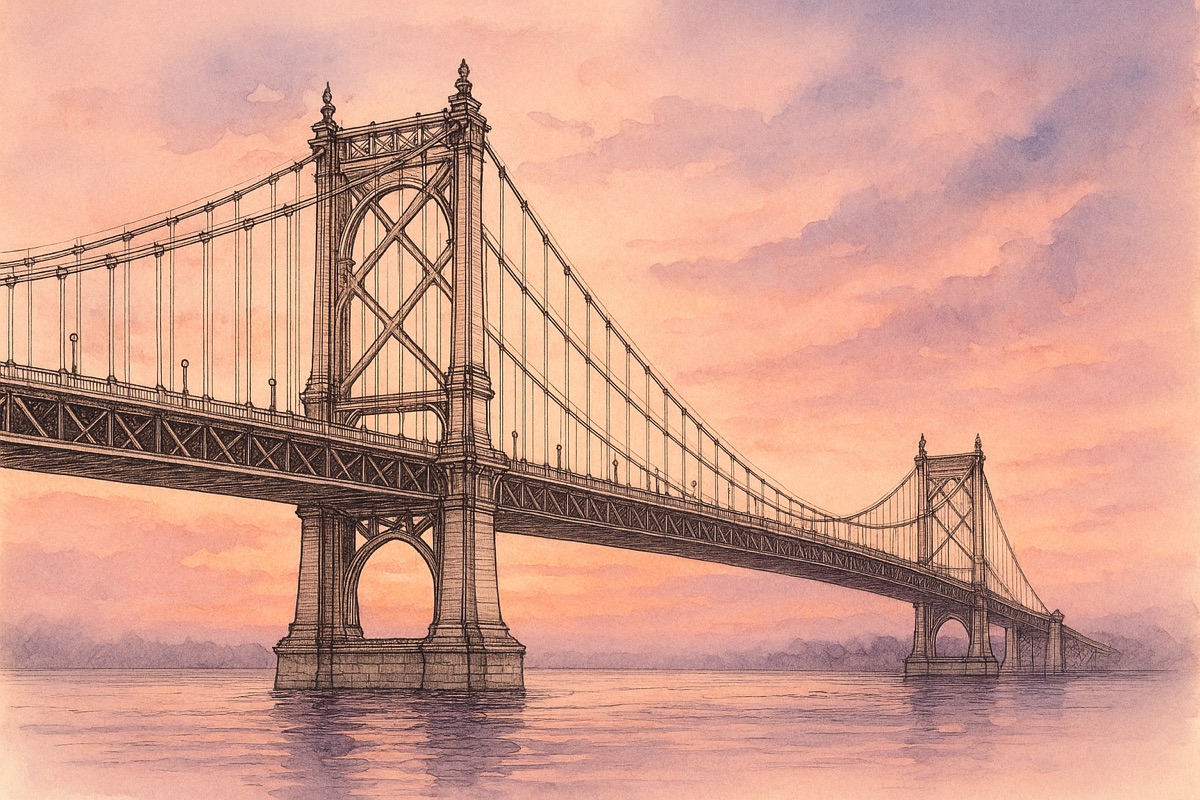 Ink-and-watercolor suspension bridge over water at sunset