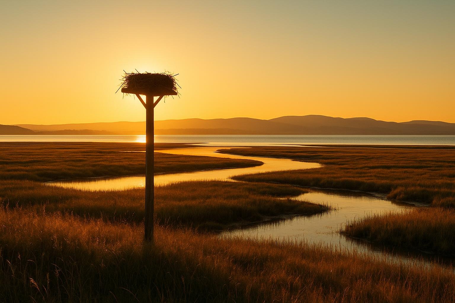 Golden-hour view of a tall wooden nesting platform holding a large stick nest above saltmarsh and estuary water