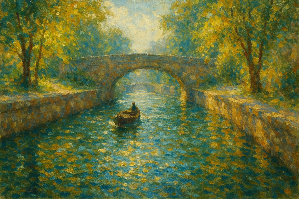Impressionist oil painting of a rowboat on a canal beneath an arched stone bridge, with dappled gold light on the water