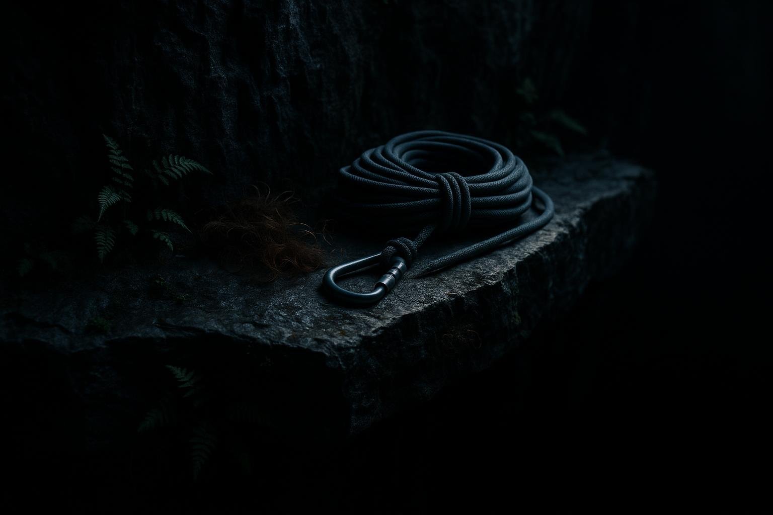 A narrow rock ledge on a dark cliff face lit by a single beam of light, with a coiled rescue rope above