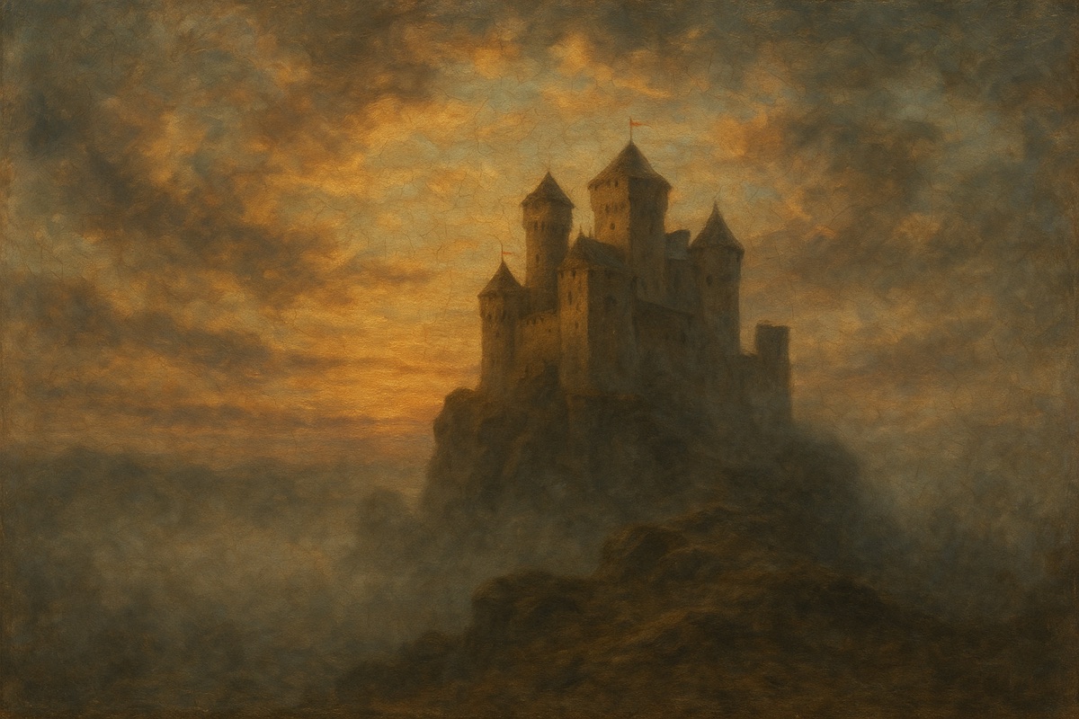 Towered castle on a misty crag against a golden sky