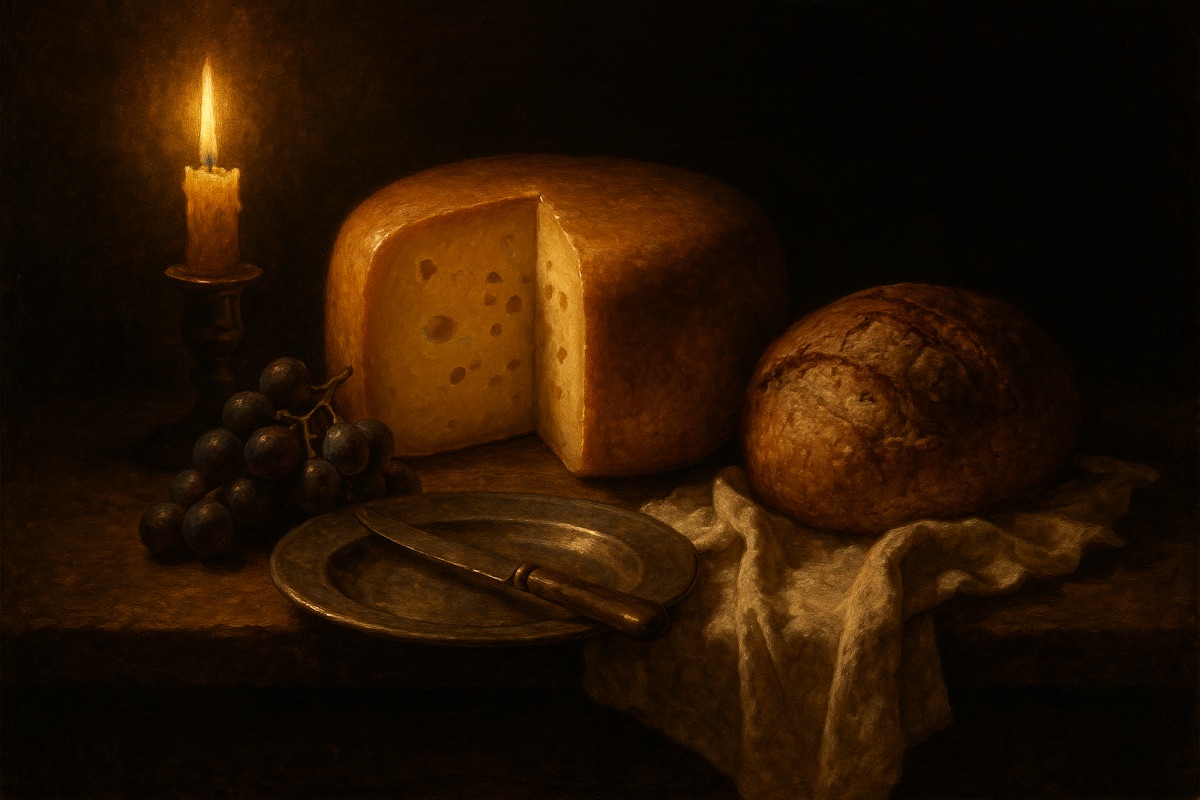Dutch Golden Age-style oil painting of a cut cheese wheel, rustic bread, grapes and a pewter plate lit by candlelight
