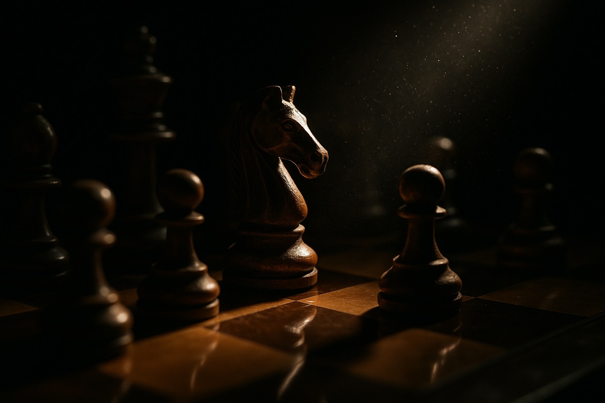 Wooden knight and pawns on a chessboard in dramatic low light