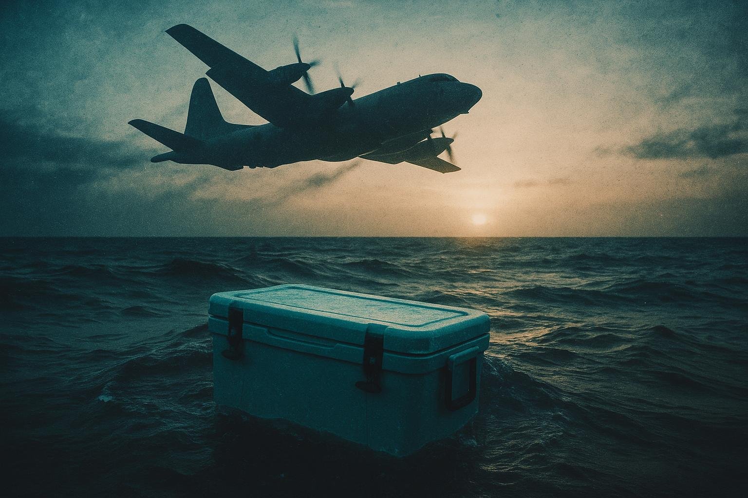 Double-exposure image of a turquoise fishing cooler on open ocean swells blended with a navy helicopter searching a bright horizon