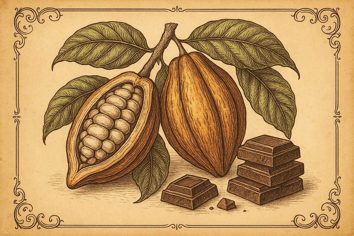 Vintage botanical illustration of cacao pods, leaves and chocolate pieces
