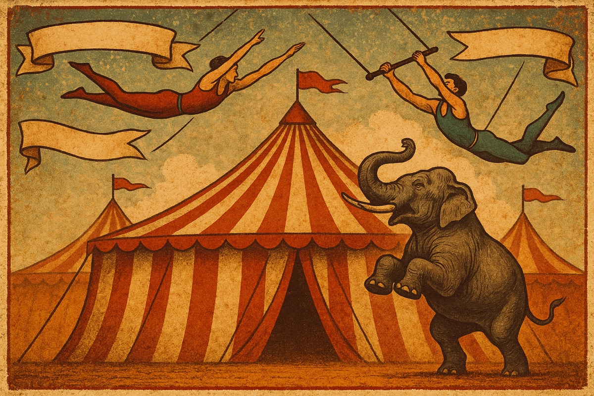Vintage circus poster of trapeze artists and a rearing elephant beside a striped big top