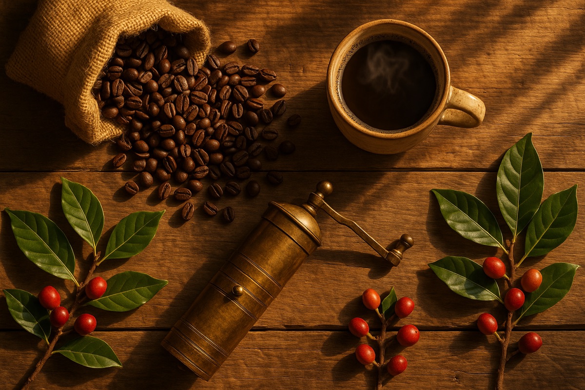 Steaming coffee cup, scattered beans, hand grinder and red coffee cherries on a wooden table