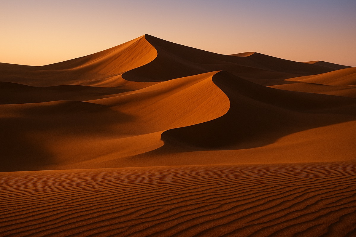 Golden-hour photograph of vast desert dunes with curving razor-edge ridgelines, deep shadows and rippled sand in the foreground
