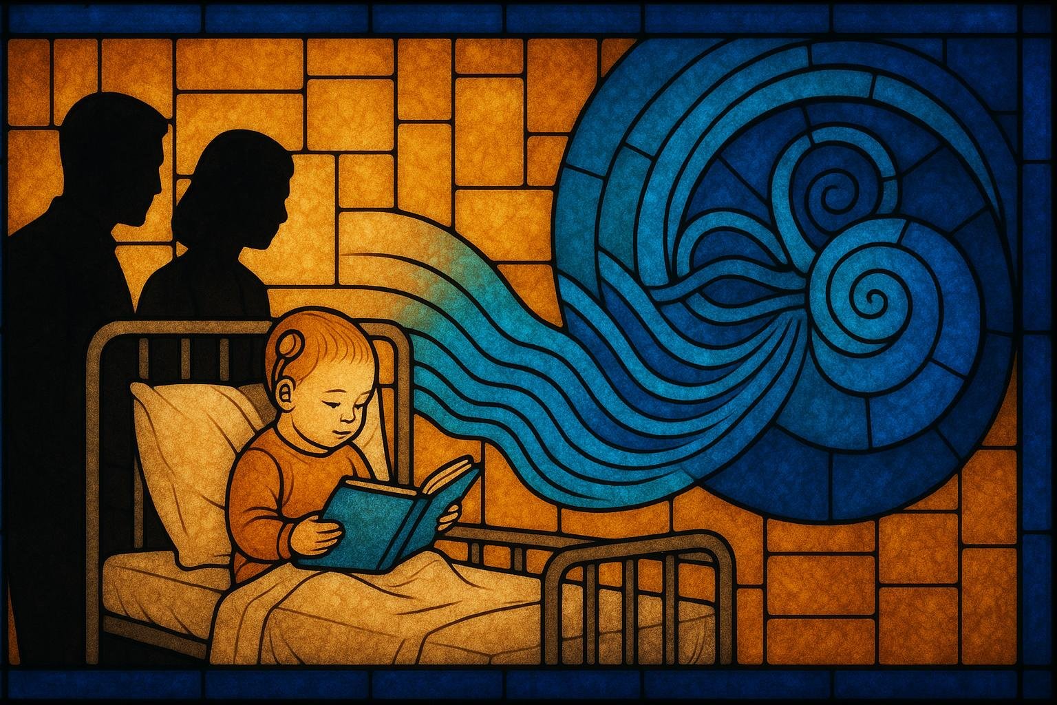 Stained-glass illustration of a toddler in a hospital bed as glowing sound waves curl into a spiral cochlea