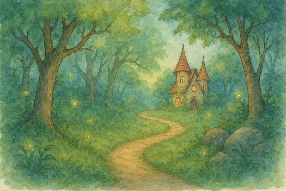 Watercolor of a turreted cottage glowing along a winding path in an enchanted forest