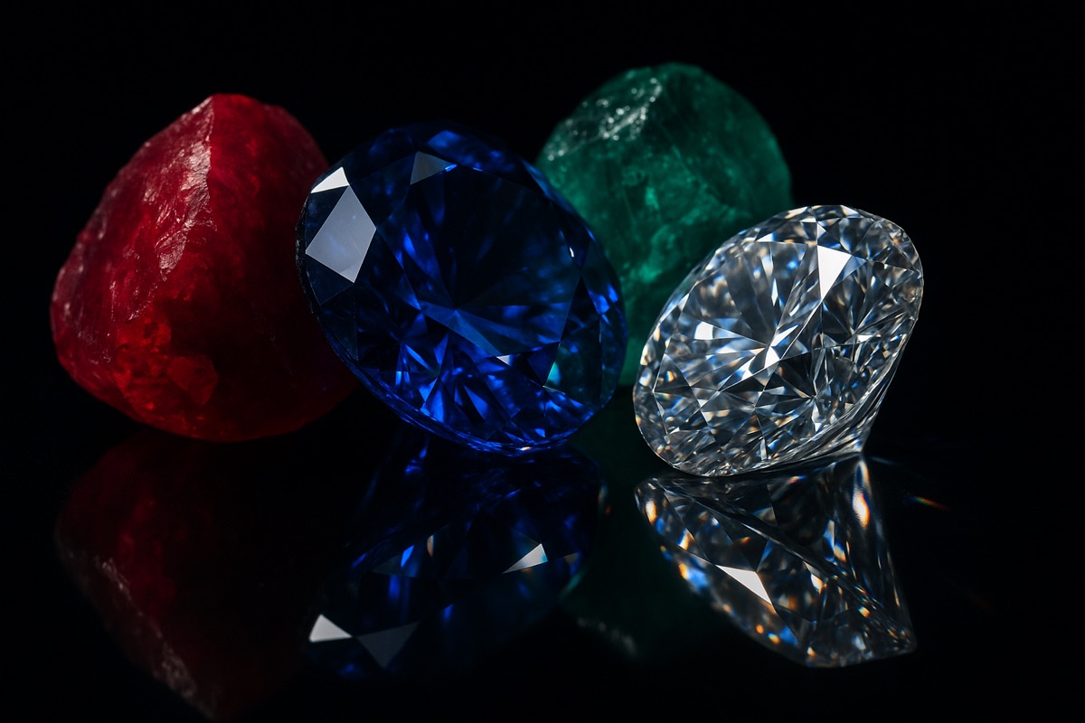 Rough ruby and emerald with faceted sapphire and diamond on a black reflective surface