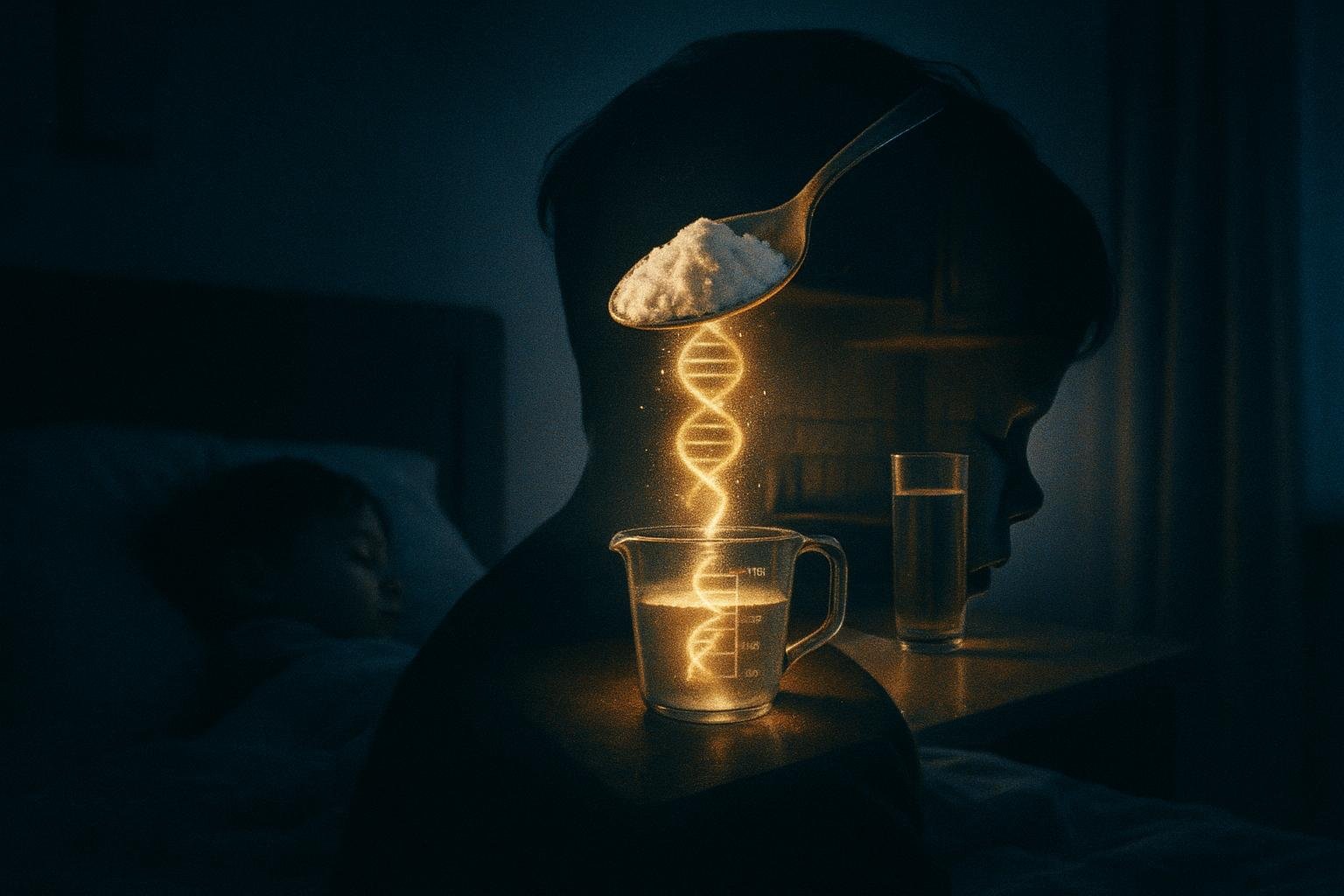 Double-exposure of a child asleep at night blended with a spoonful of cornstarch dissolving into a strand of DNA