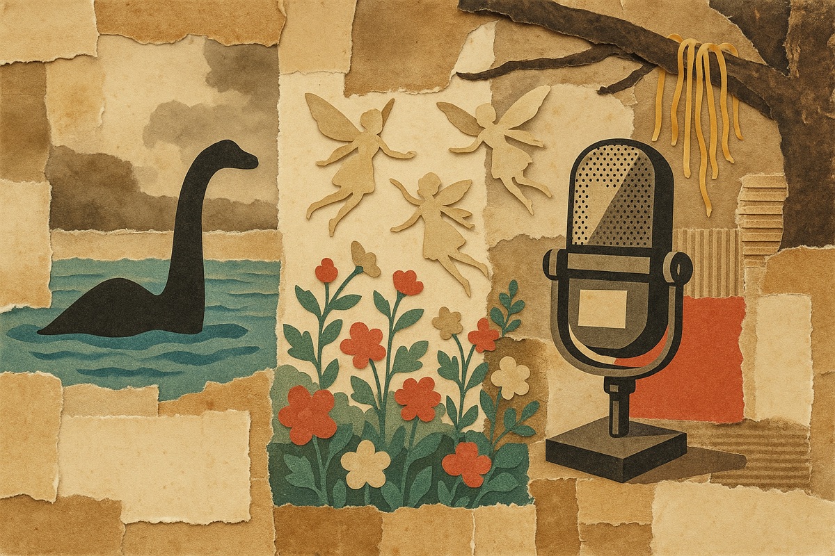 Paper collage with torn edges showing a lake monster silhouette, fairy cutouts over flowers, a vintage microphone and spaghetti hanging from a branch