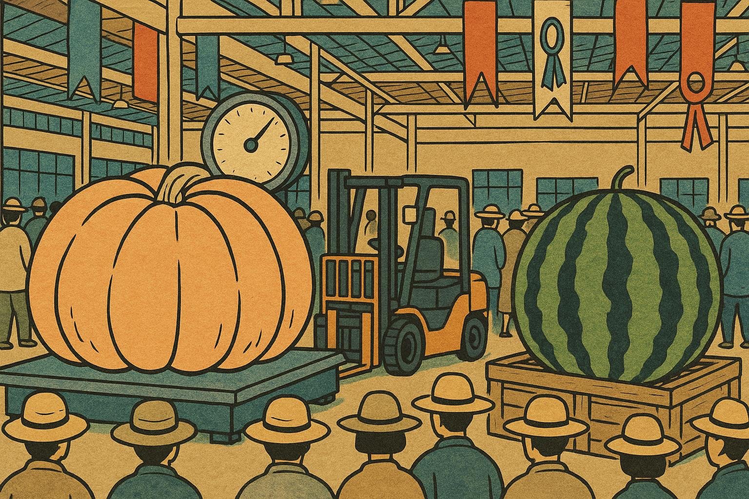 Ukiyo-e style print of a colossal orange pumpkin on a scale inside a state fair hall, crowd gathered around