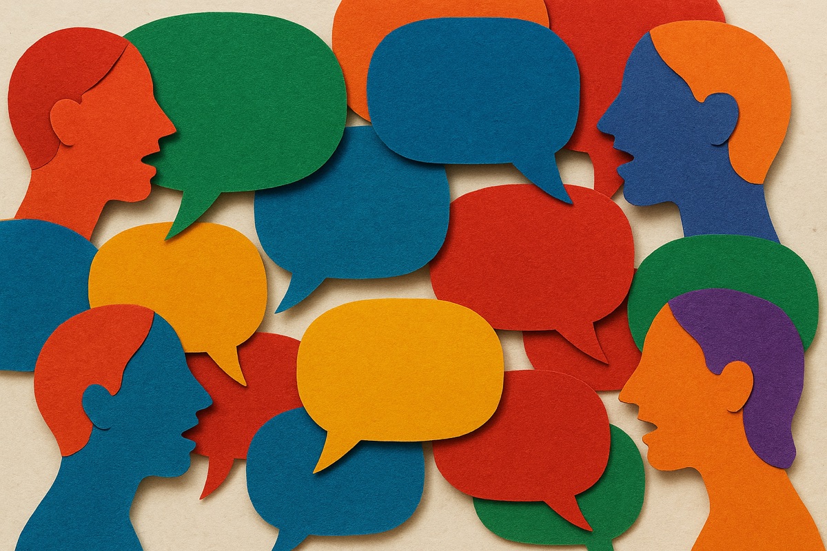 Paper-cut profiles of faces talking with colorful overlapping speech bubbles
