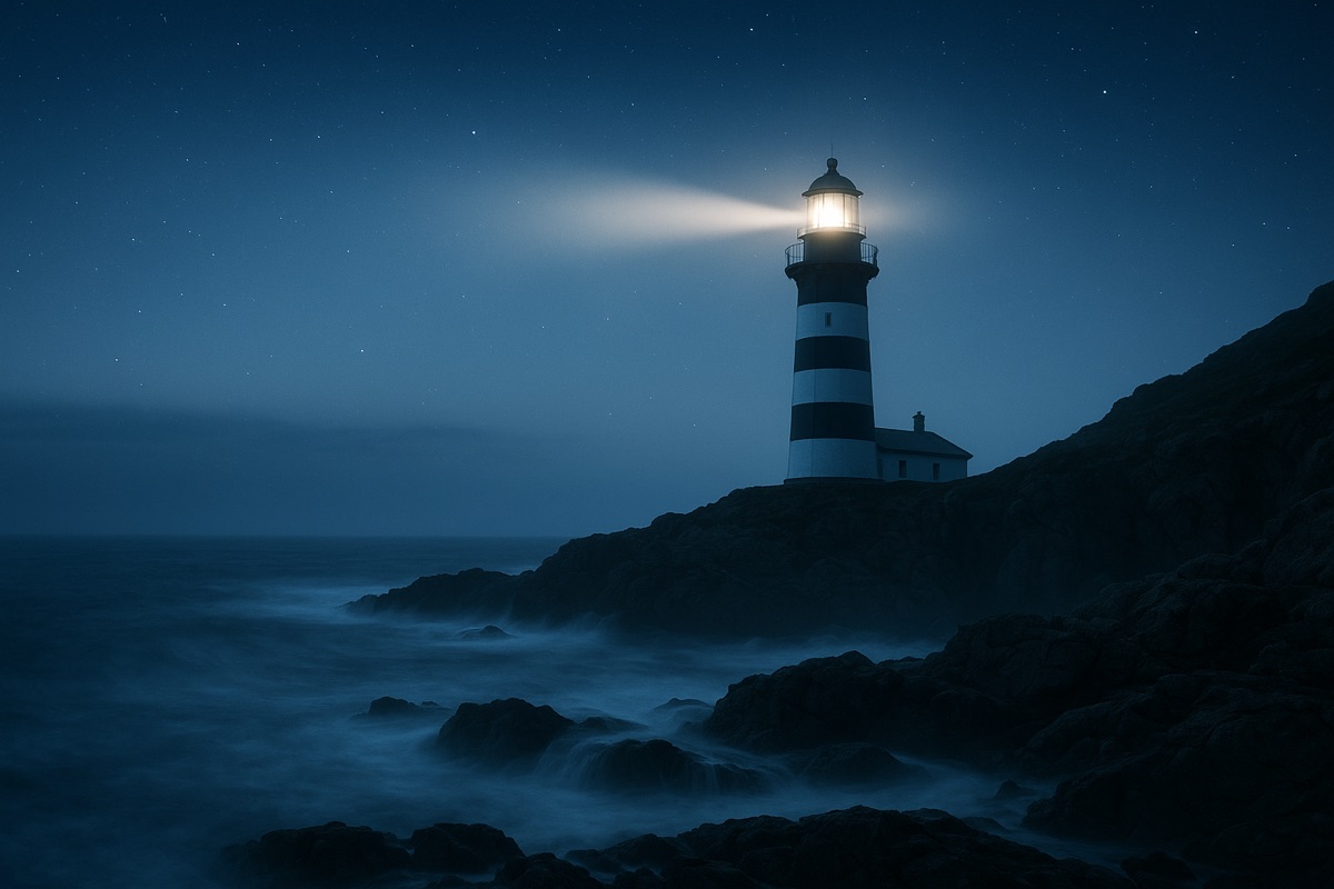 Striped lighthouse beaming over rocky coast and misty waves at night