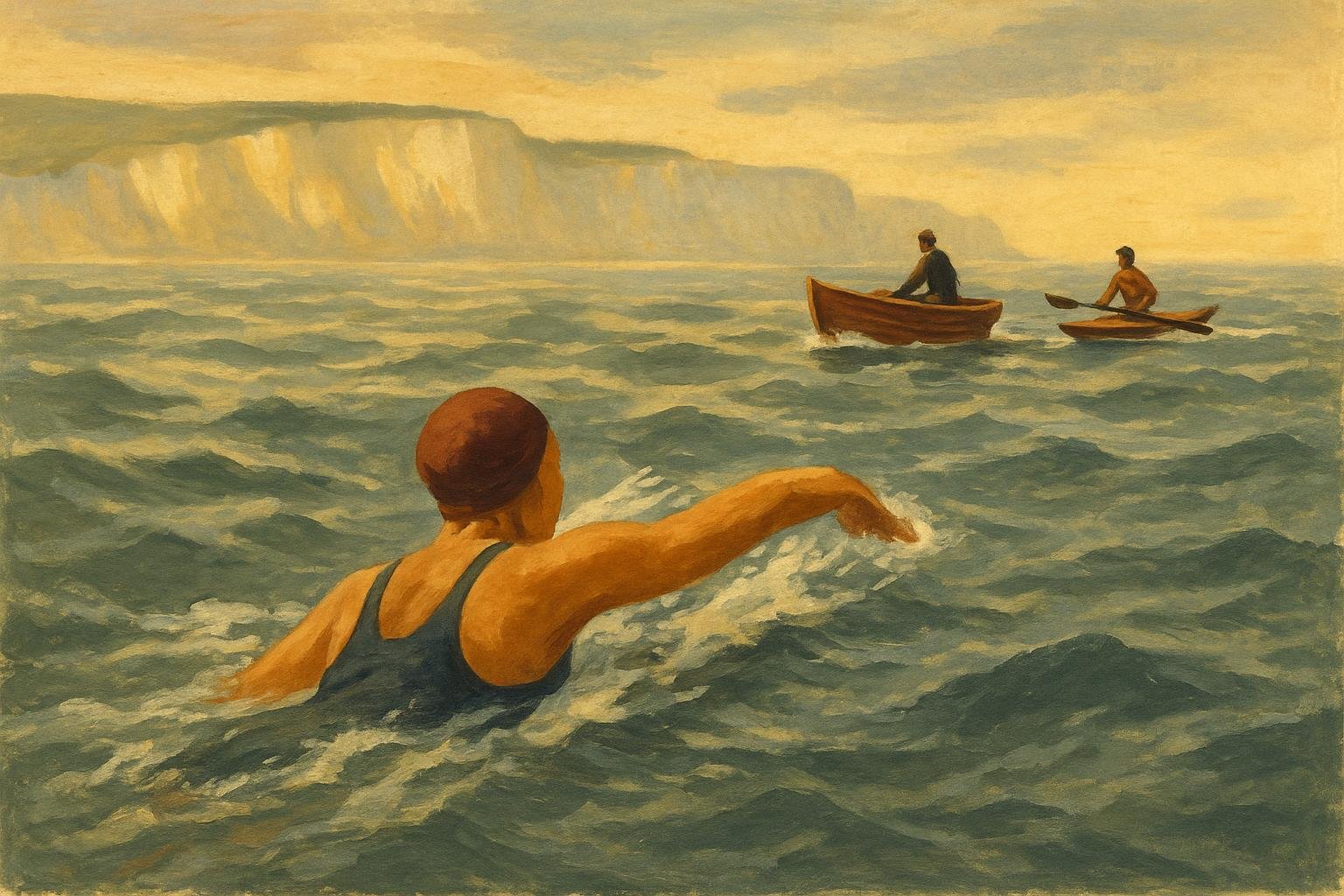 A lone long-distance swimmer stroking through gray-green Channel water beside a small support boat at dawn, chalk cliffs behind her