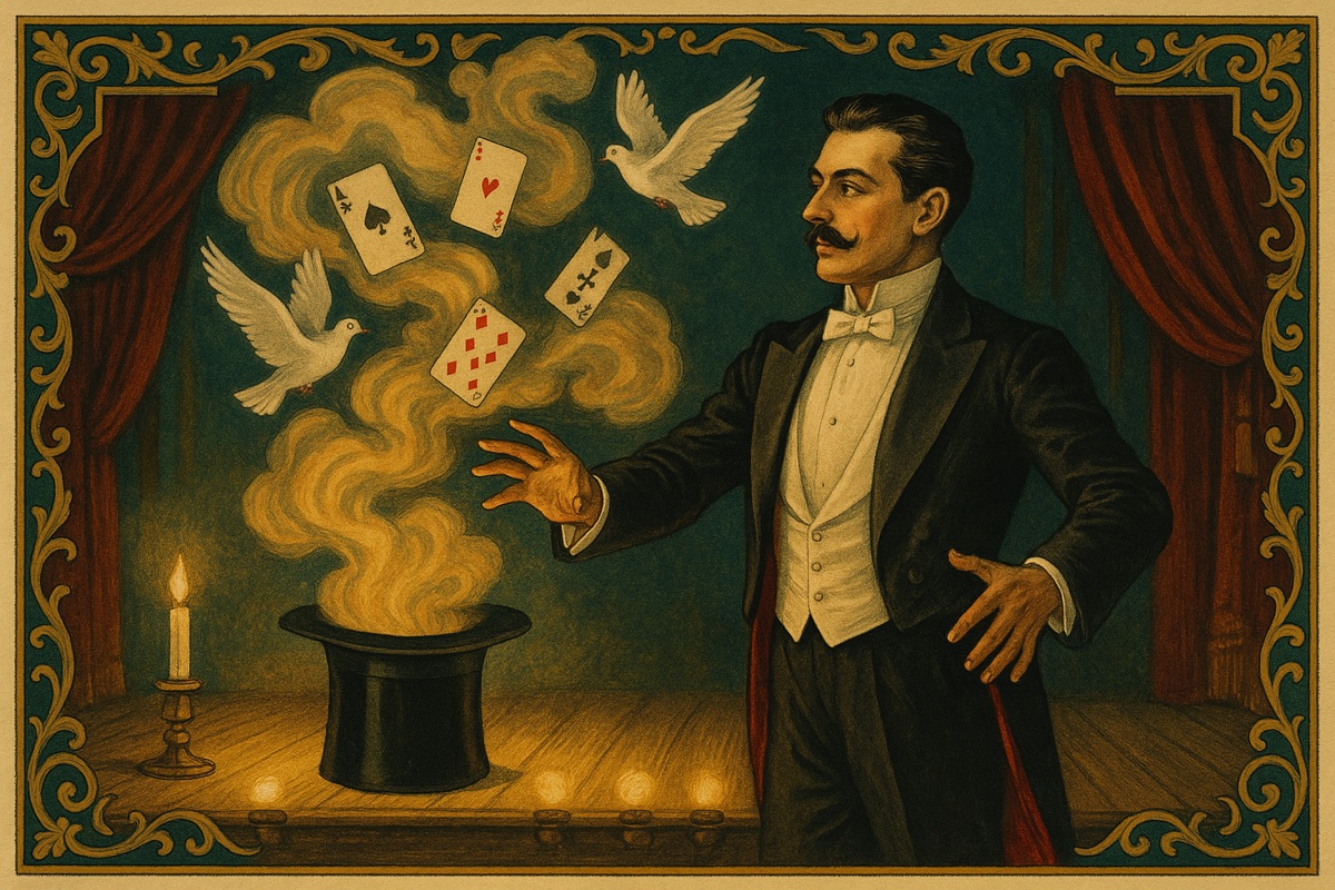 Vintage lithograph-style poster of a mustached magician in white tie conjuring smoke, playing cards and doves from a top hat