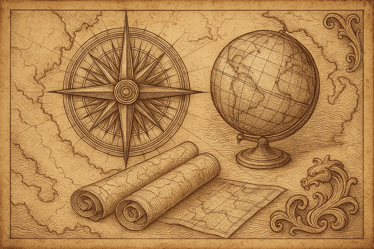 Copperplate-style engraving on aged parchment of an ornate compass rose, a globe, rolled charts and a sea-serpent flourish