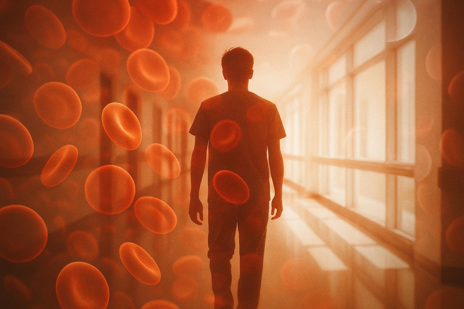 Double-exposure image of a young man walking a hospital corridor blended with healthy round red blood cells drifting like seeds