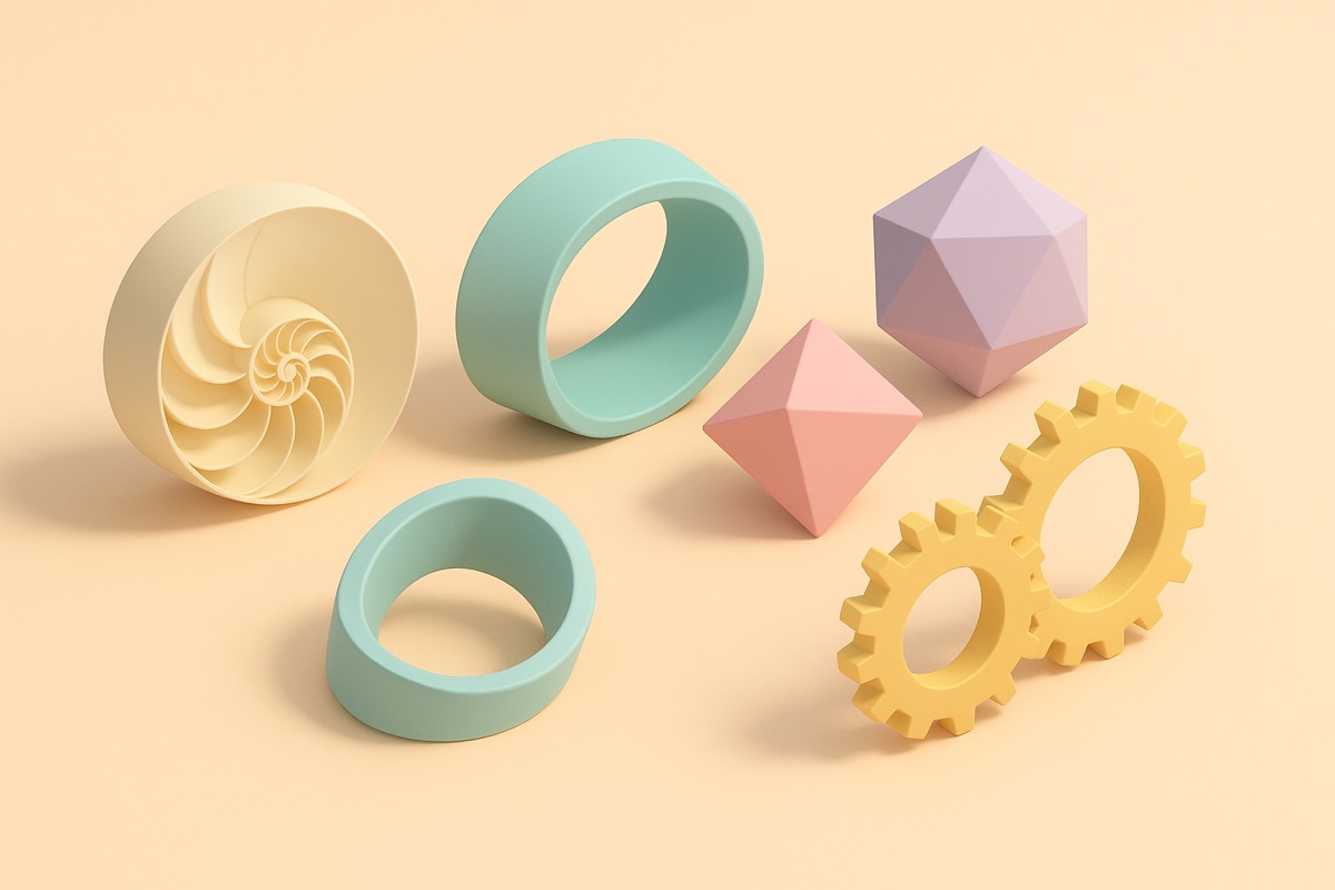 Pastel 3D geometric shapes — a nautilus spiral, rings, polyhedra and gears