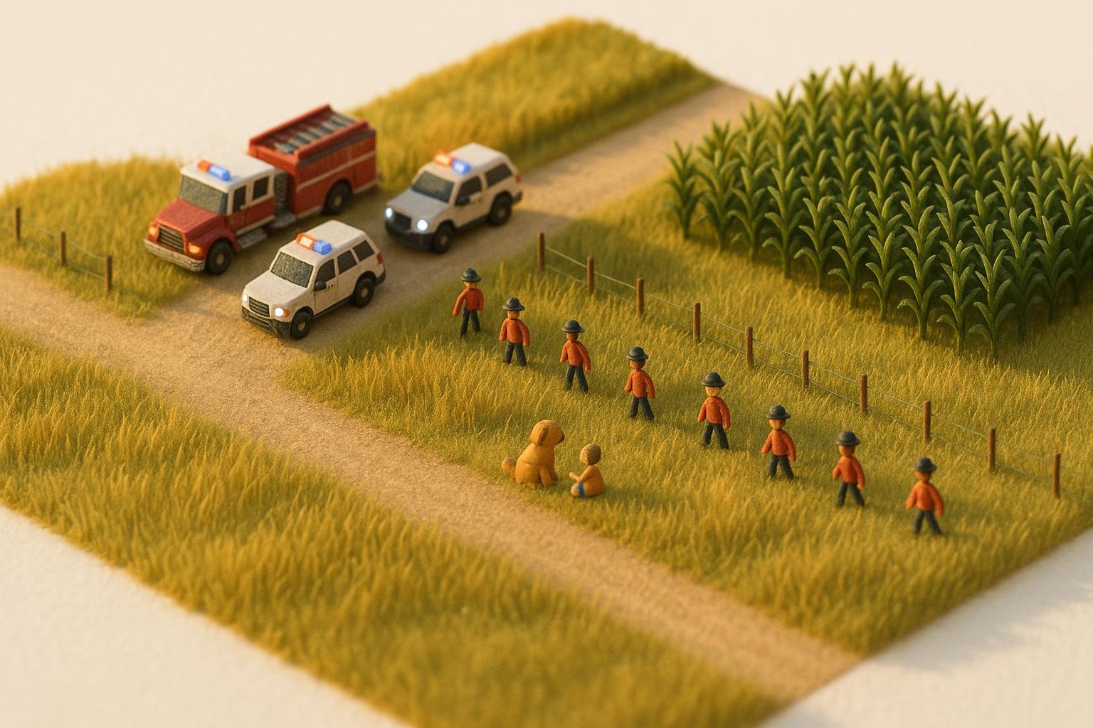 Isometric miniature diorama of rescue trucks on a gravel road beside a cornfield, with a dog and small child in tall grass