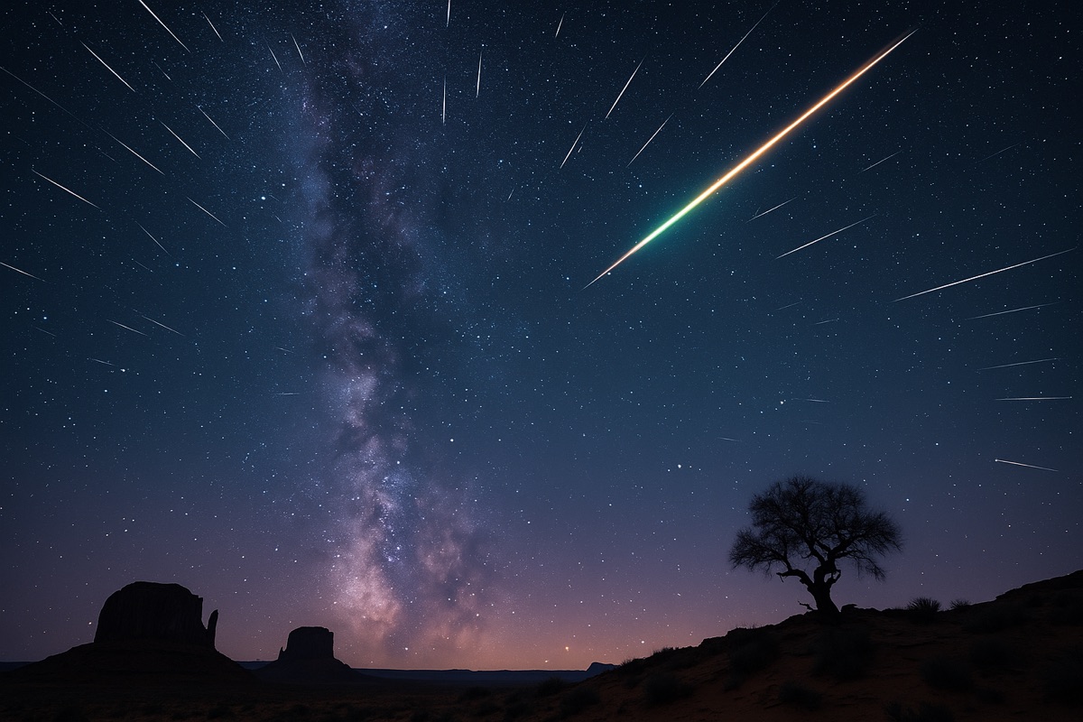 Meteor streaks and a bright fireball over a silhouetted desert landscape with the Milky Way and a lone tree