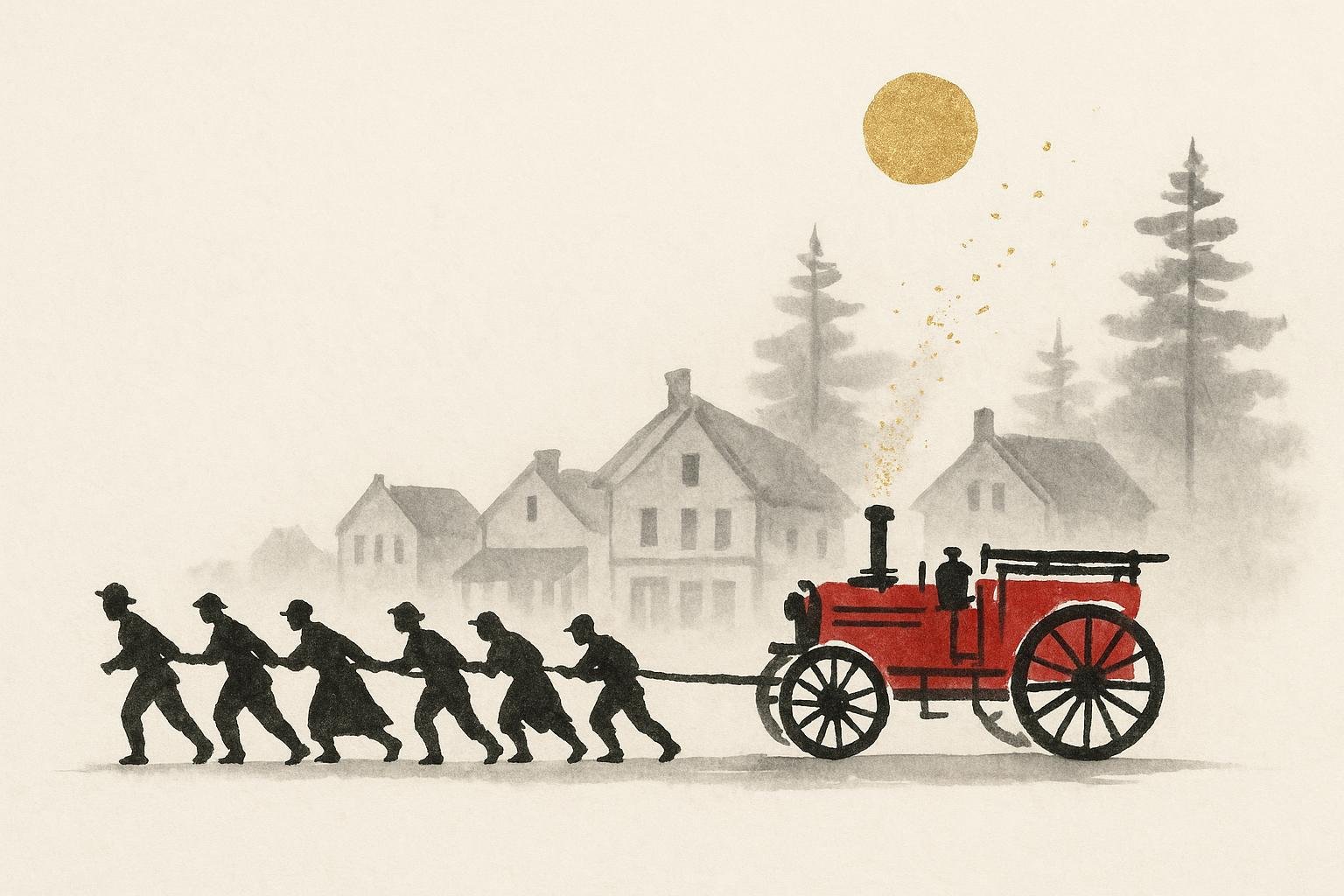 Sumi-e painting of neighbors linking a rope to pull a red fire truck beneath longleaf pines