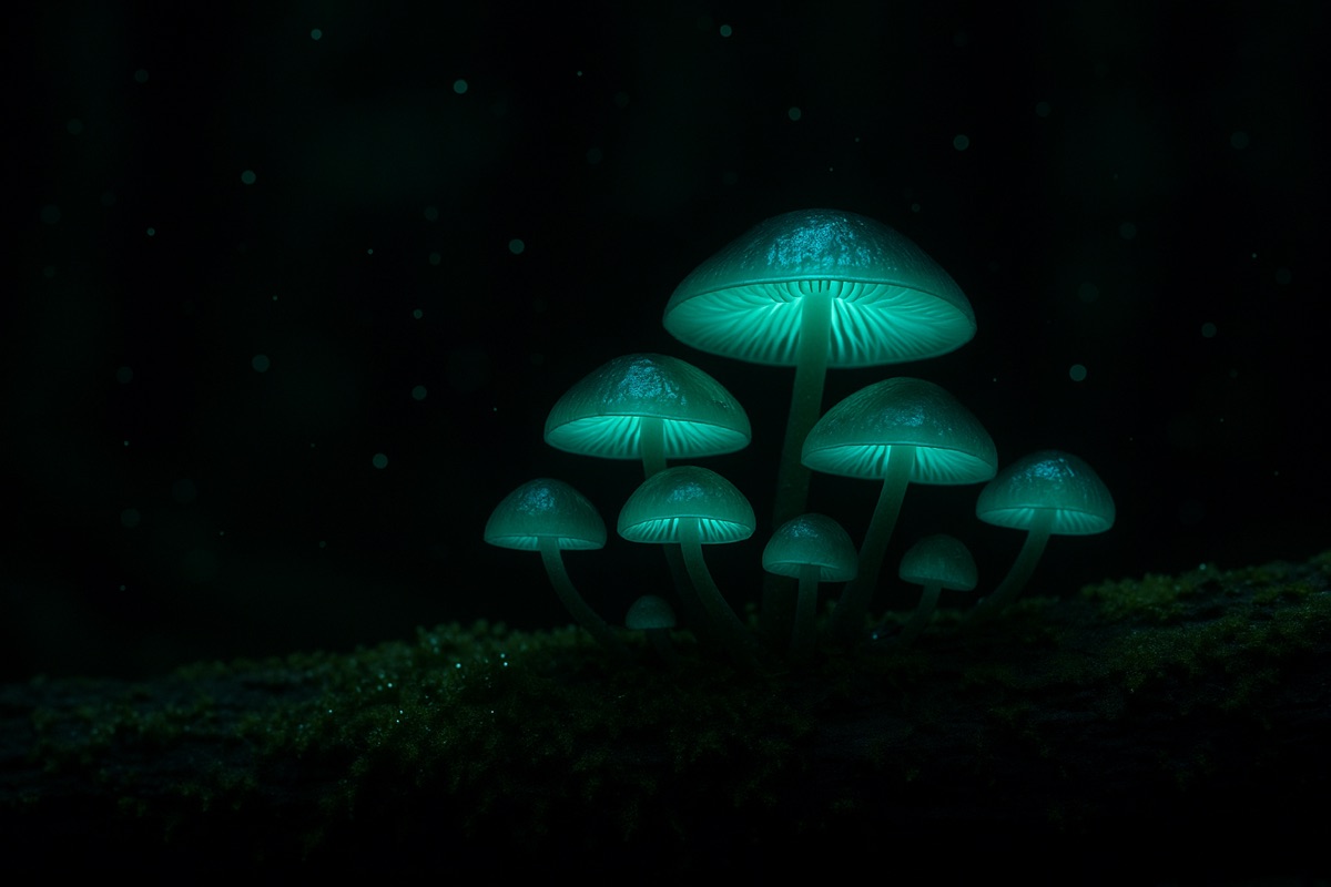 Cluster of bioluminescent mushrooms glowing teal-green on a mossy log in a dark forest