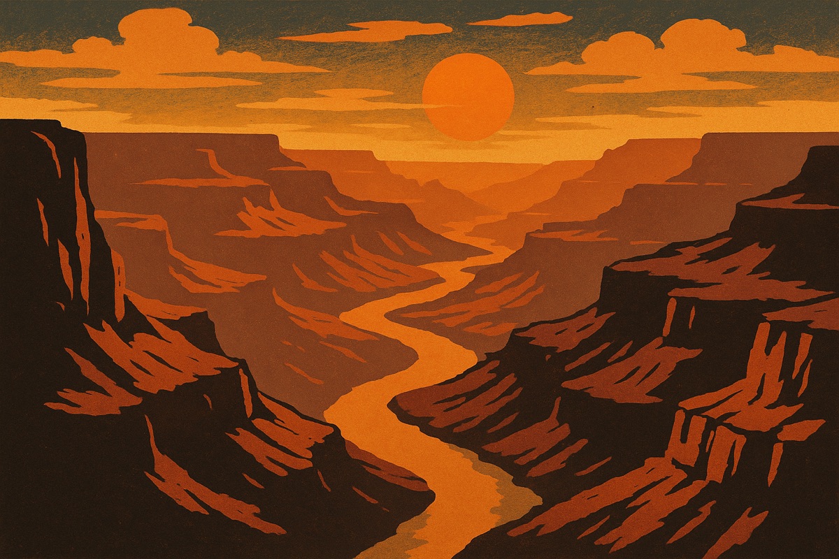 Stylized woodcut-style print of a sun setting over a winding canyon river