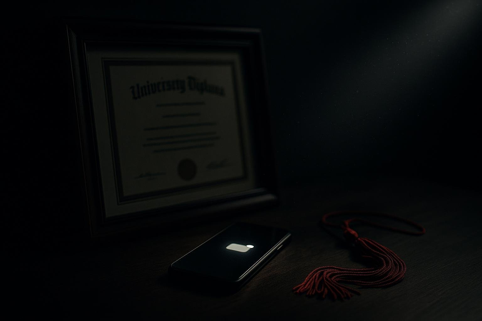 A framed diploma and a glowing phone screen on a dark desk, lit by one warm lamp