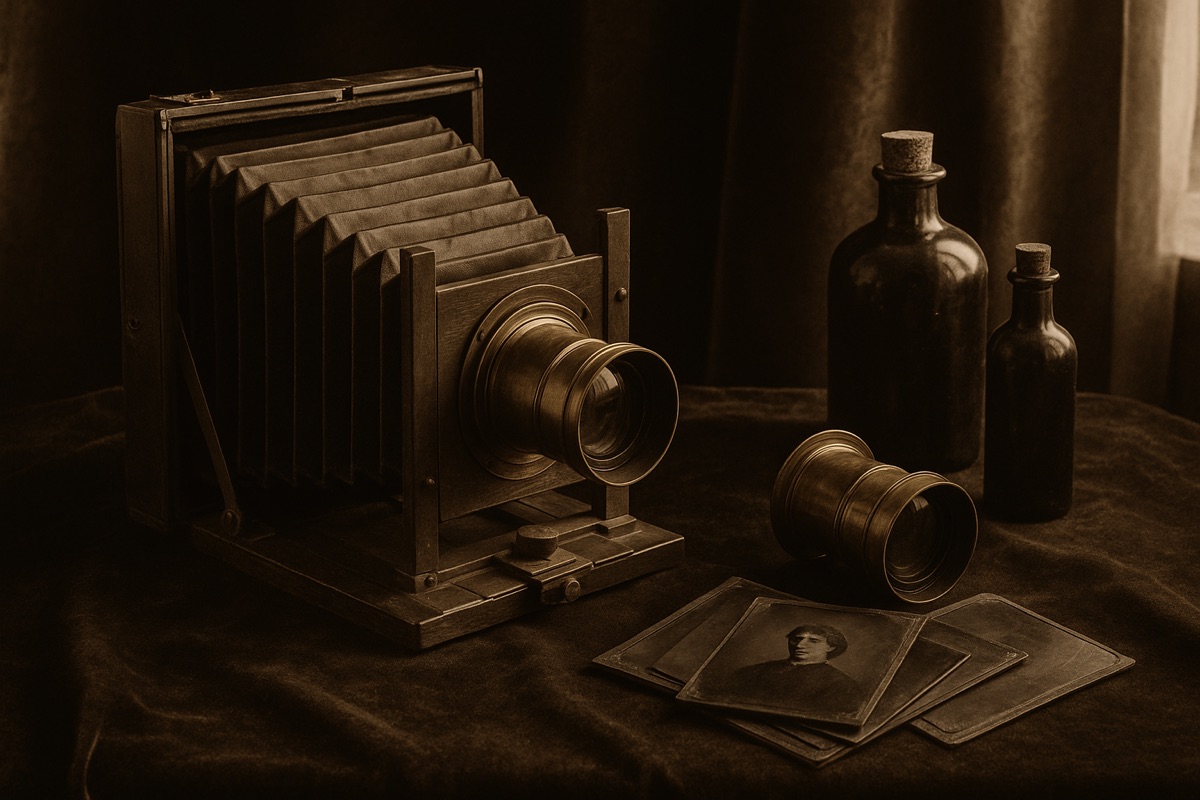 Sepia still life of an antique bellows camera, brass lenses, corked bottles and portrait prints