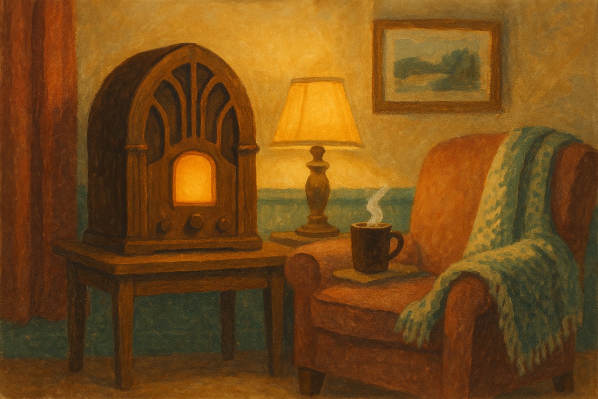 Gouache illustration of a glowing cathedral-style tube radio beside a lamp, armchair, and steaming mug in a warm 1940s living room
