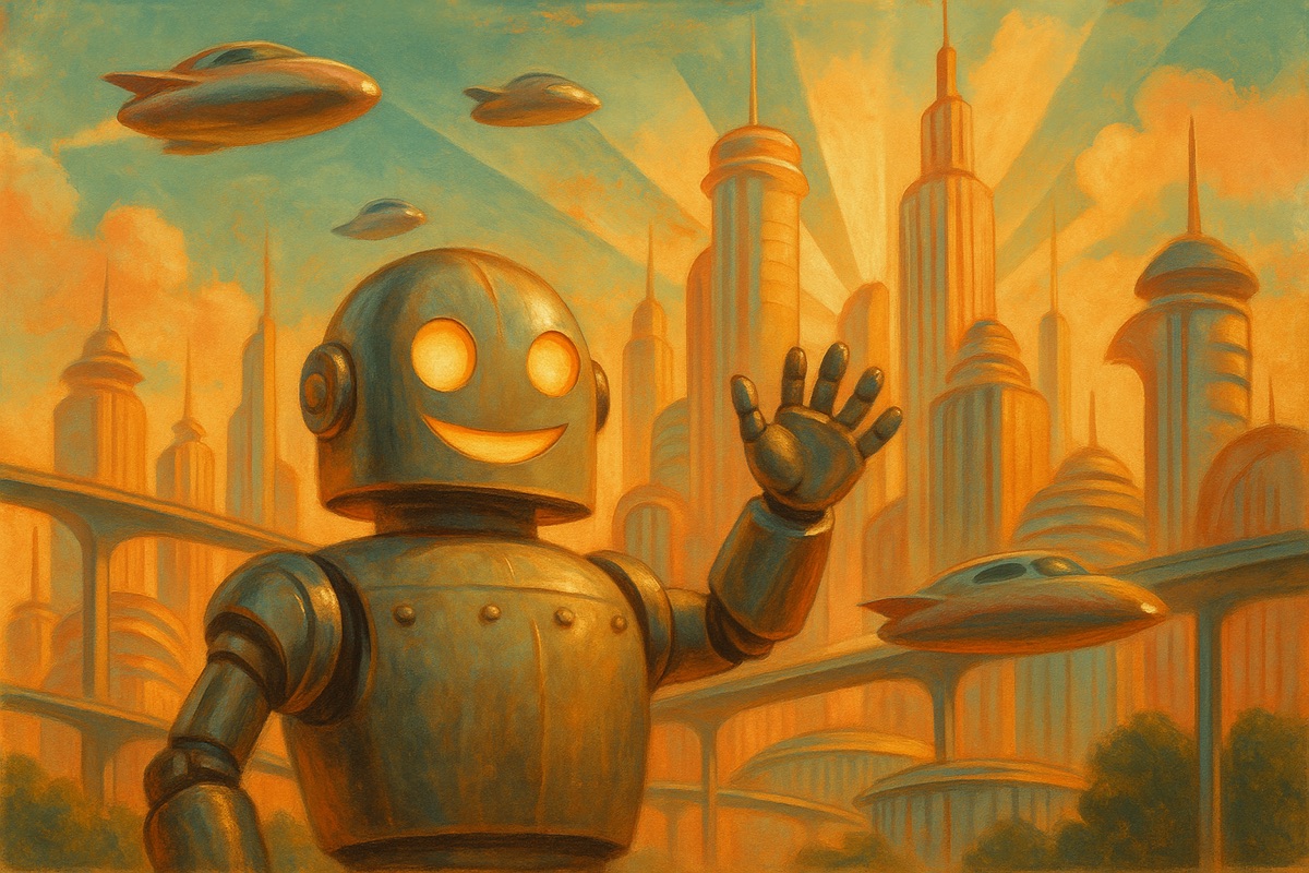 Retro-futurist painting of a friendly chrome robot waving in front of a golden city of streamlined towers and flying cars