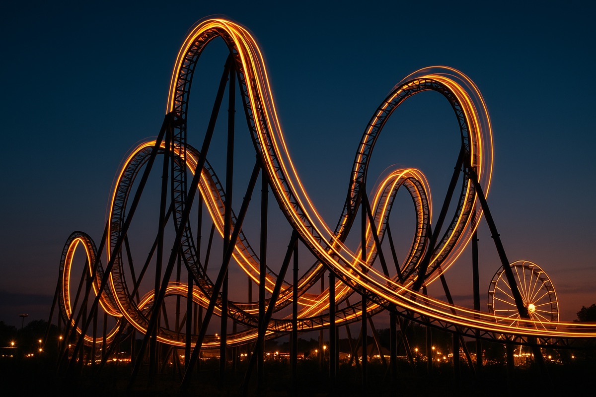 Roller coaster loops traced in glowing orange light trails against a dusk sky, with a ferris wheel in the distance