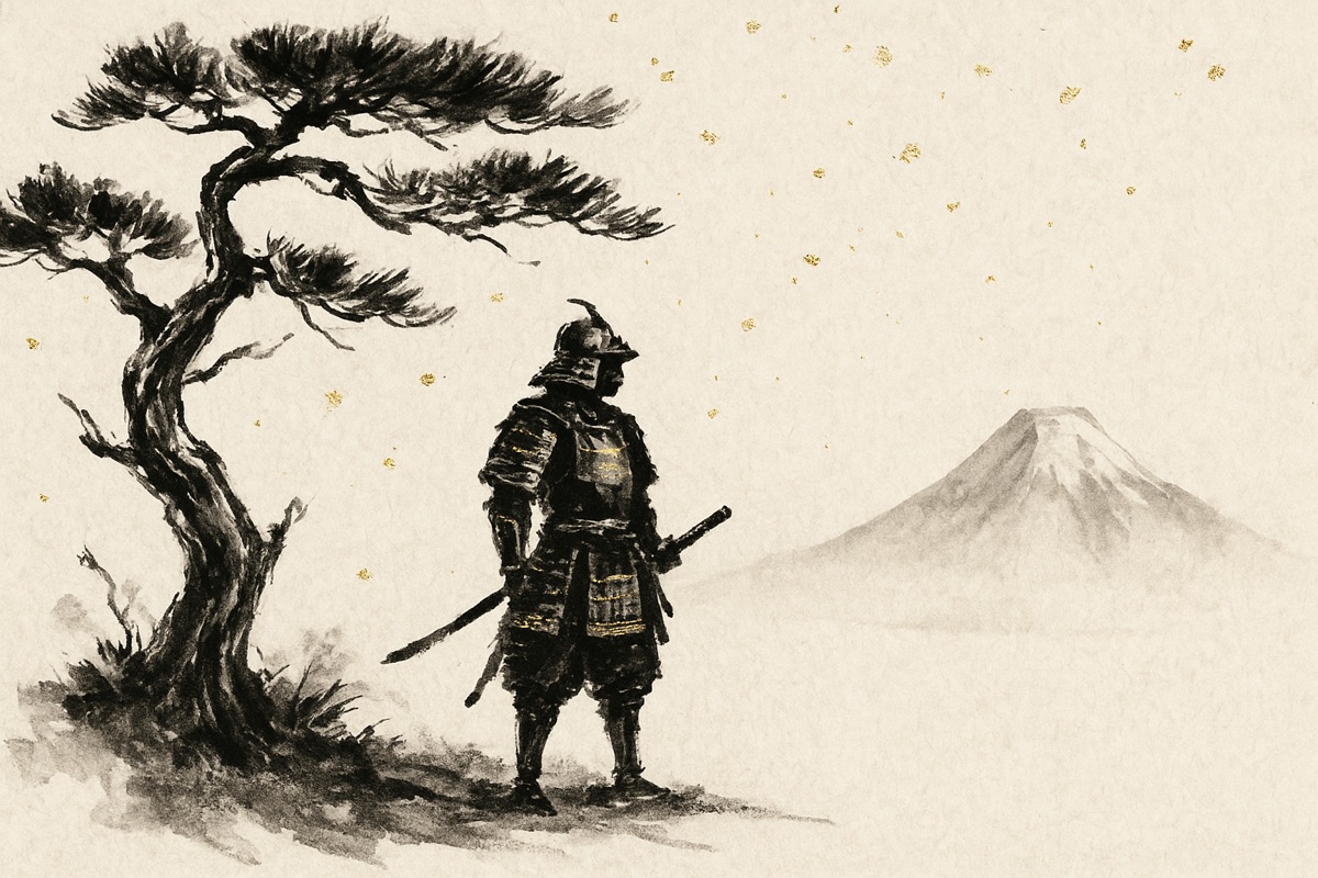 Ink-brush painting of an armored samurai standing beneath a windswept pine, with gold-leaf flecks and a distant pale mountain