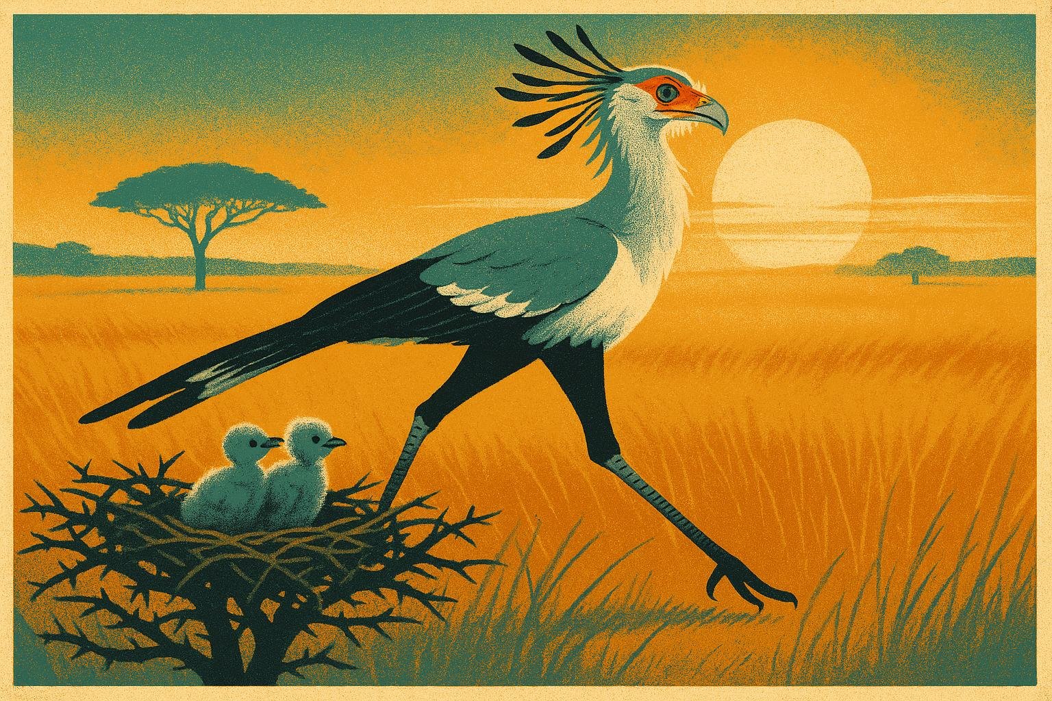 Vintage-style poster of a long-legged secretarybird striding through golden grassland with fluffy chicks in a nest