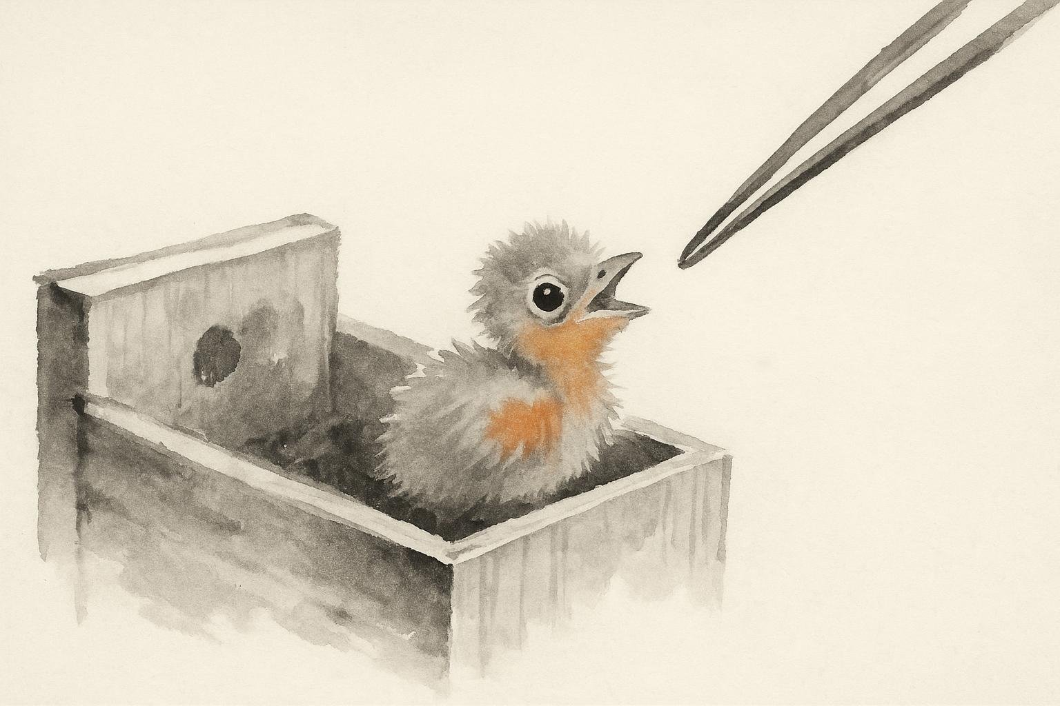 Ink-wash painting of a tiny kingfisher chick in a nest box, its cinnamon-orange feathers the only color