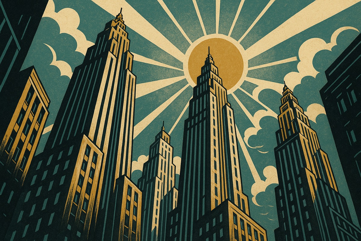 Art Deco poster illustration of stepped skyscrapers seen from street level, rising into a teal sky with a golden sunburst and stylized clouds