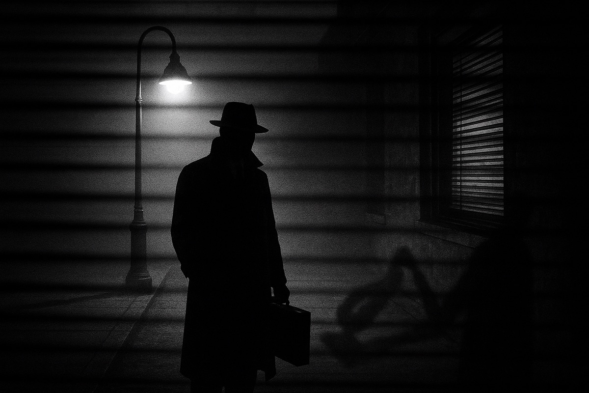 Silhouetted man in a fedora holding a briefcase under a streetlamp, seen through window blinds