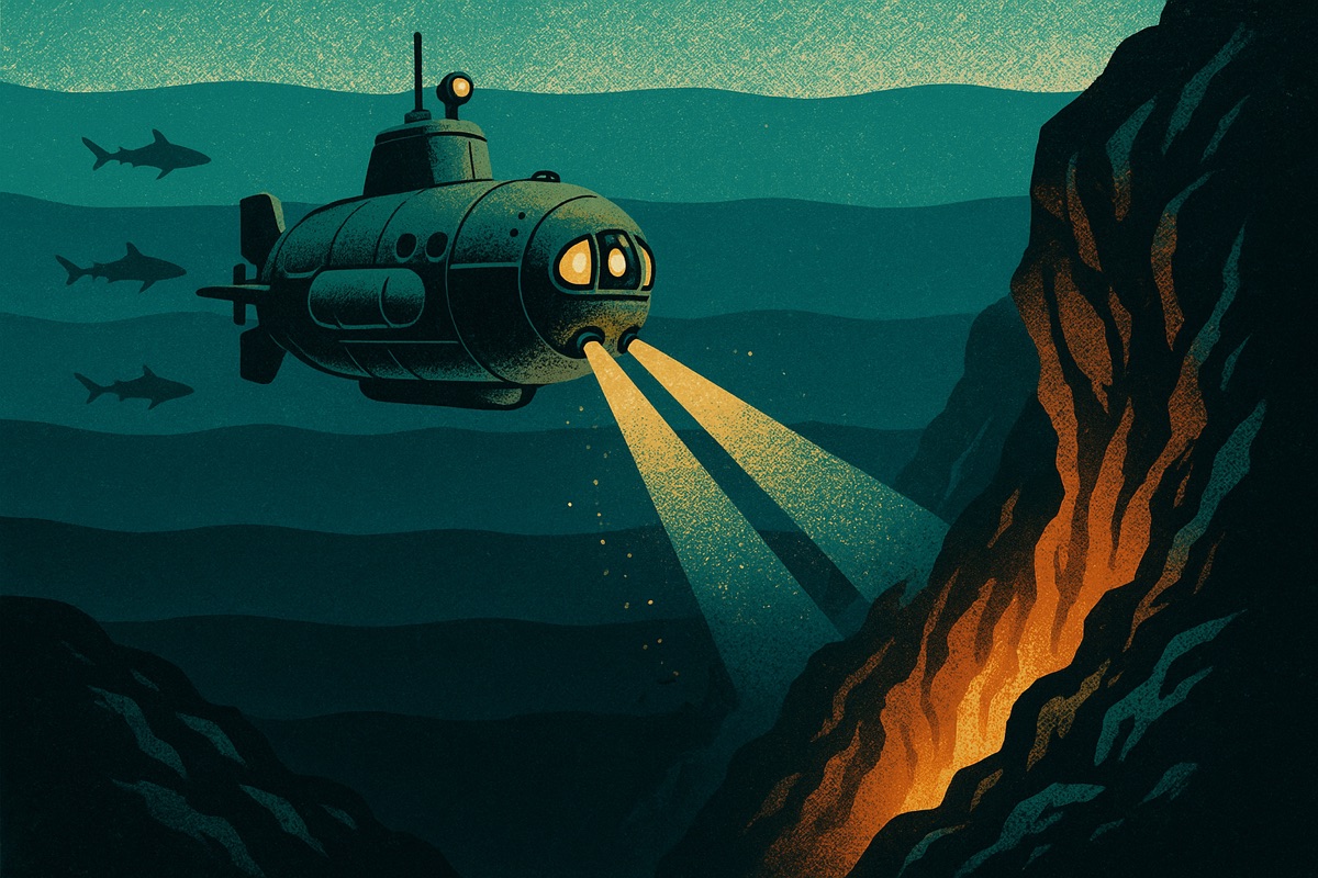 Retro-style illustration of a submarine casting light beams into a glowing undersea trench