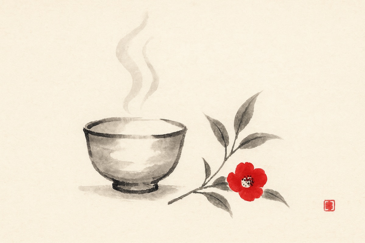 Minimalist ink-wash painting of a steaming tea bowl beside a leafy branch bearing a single red camellia blossom