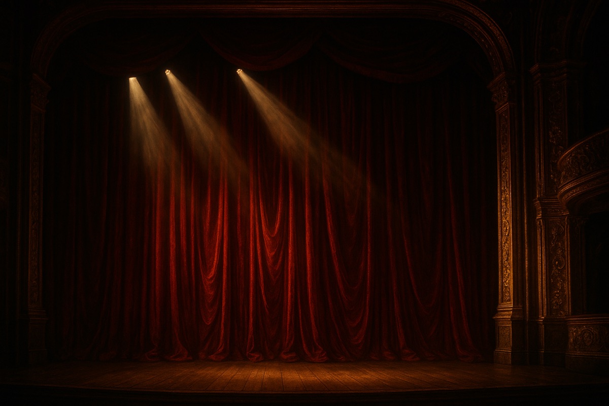 Red velvet stage curtain lit by three hazy spotlight beams inside an ornate gilded theater with worn wooden stage boards