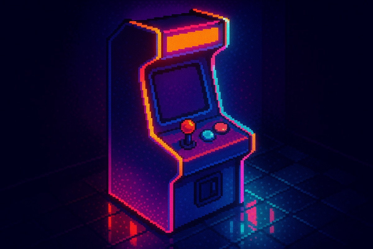 Neon pixel-art arcade cabinet glowing in a dark room